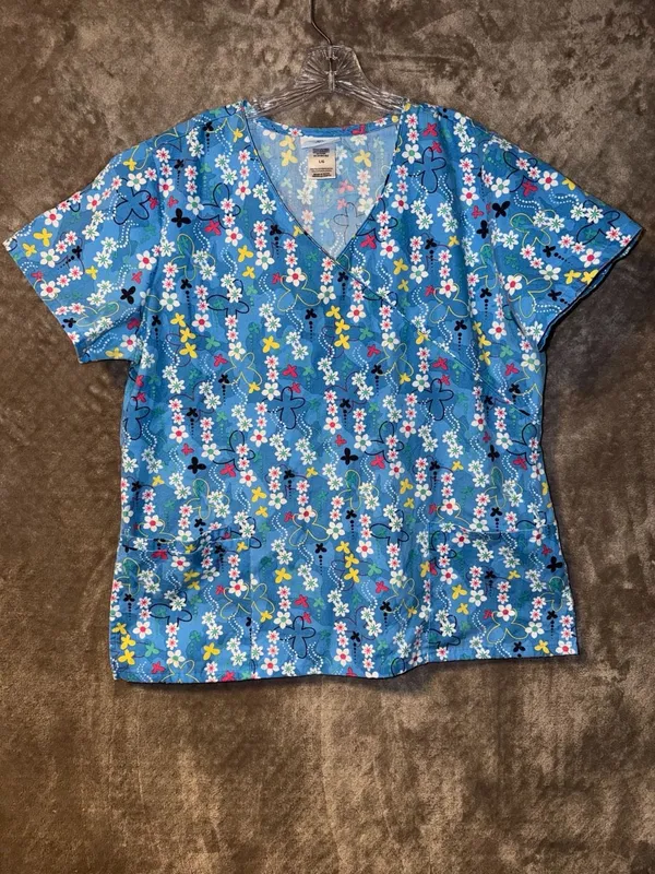SB Scrubs Floral Butterfly Scrub Top Size L Blue V-Neck Pocket - Image 3