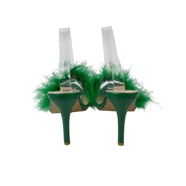 Women's Green Clear Strap Feather Trim Pointed Toe Stiletto Heels Sandals Sz 9.5 - Image 3