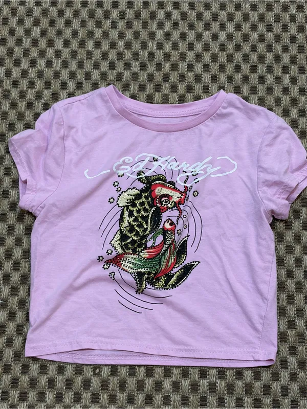 Women’s Ed Hardy Y2K Bubblegum Koi Fish Baby Tee Size Medium - Image 3