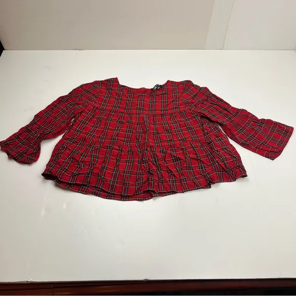 Madewell Red Black Small‎ Tartan Plaid Tiered Button Back Bell Fluted Sleeve Top - Image 2