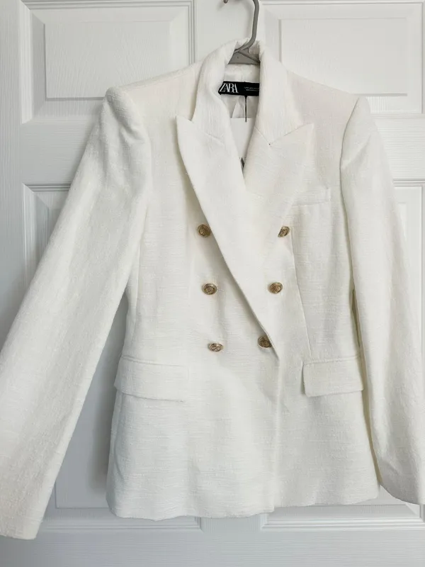 Zara blazer jacket textured double breasted white golden buttons office casual - Image 6