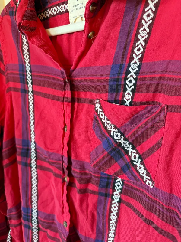 American Eagle Outfitters Red Western Plaid Flannel Button Up Shirt - Image 5