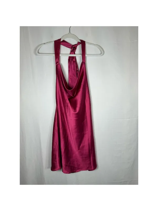CantonWalker Mini Dress Womens M Magenta Satin Halter Cowl Neck Backless - Image 3