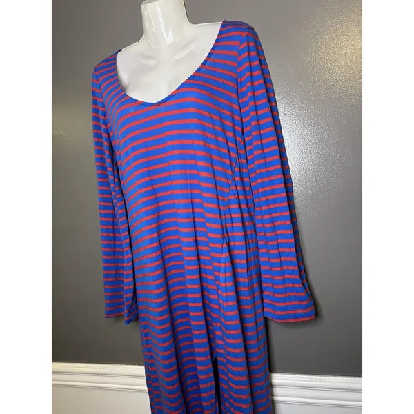 Free People Beach T Shirt Dress Womens Medium Blue Red Stripe Long Sleeve Maxi - Image 5