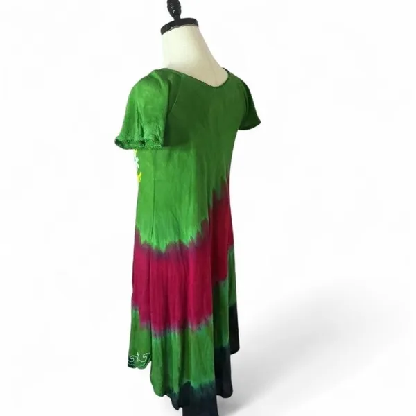 Embroidered Tie‎ Dye Dress Green Pink Floral Short Sleeve Casual - Image 3