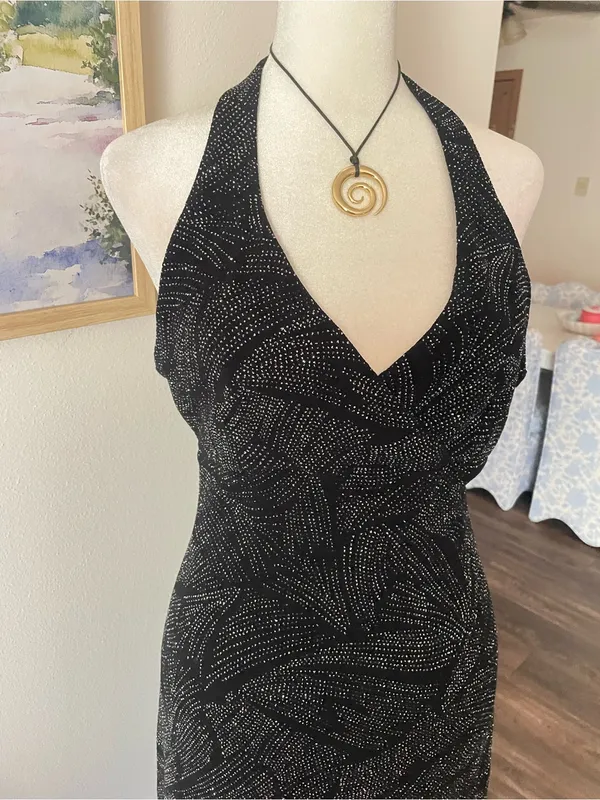 Fashion Bug Vintage 90s Y2K Whimsigoth Metallic Silver Glitter Halter Maxi Dress - Image 2