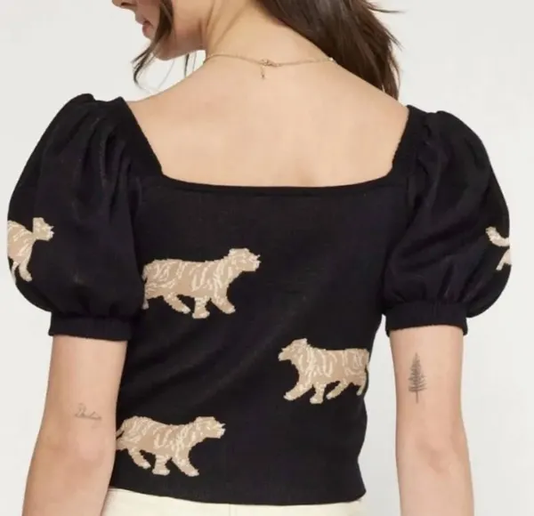 Entro Jaguar Print Puff Sleeve Knit Top Black - Image 2