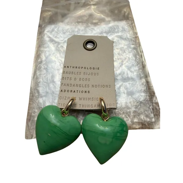 Anthropologie Green Marbled Heart Hoop Earrings 14K Gold Plated‎ NWT - Image 2