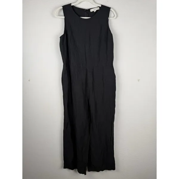 Loft Women's Jumpsuit Black‎ Linen Blend Sleeveless Wide Straight Pockets Size 8 - Image 2