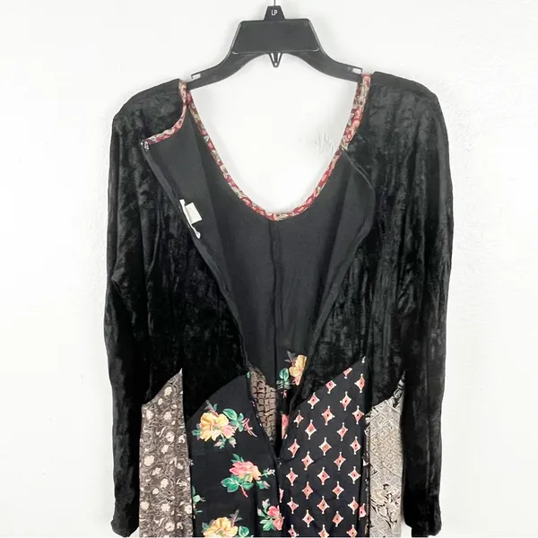 LEW MAGRAM Black Velour Long Sleeves Mixed Prints Maxi Dress Medium Boho Casual - Image 9