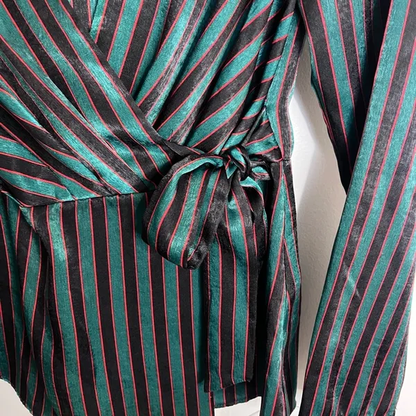 Zara Striped Sateen Wrap Blouse Medium Black - Image 4