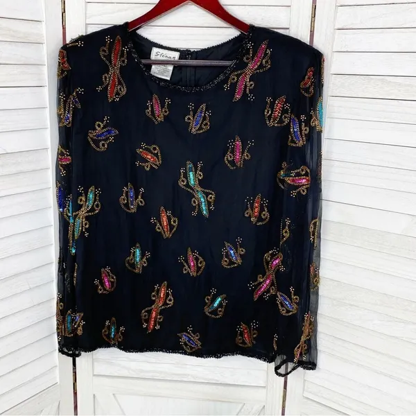 Stenay Vintage Sequin‎ Beaded Silk Blouse Black Multi XL - Image 8