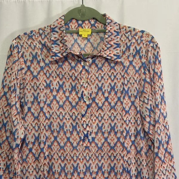 Roller Rabbit Blue Orange Ikat Roll Tab Sleeve Collared Tunic Shirt Dress Size S - Image 2
