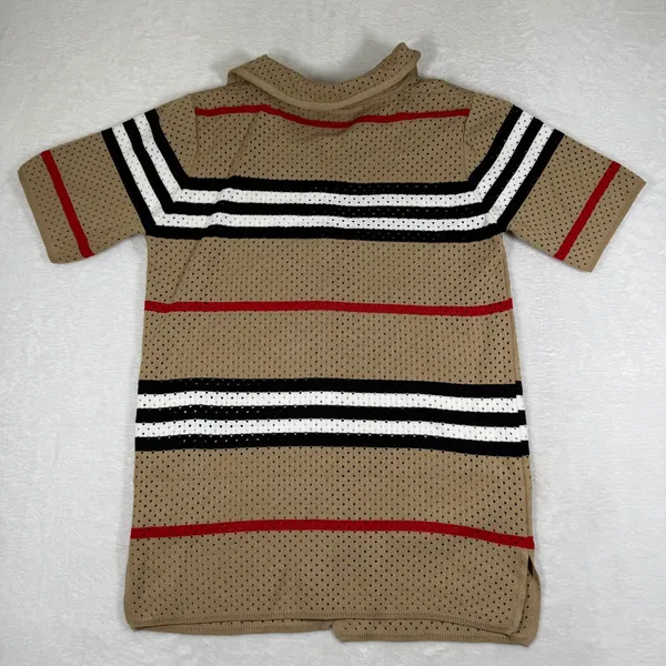 Tan‎ Striped Pointelle Knit Button Up Short Sleeve Polo Shirt Collared Sweater M - Image 4