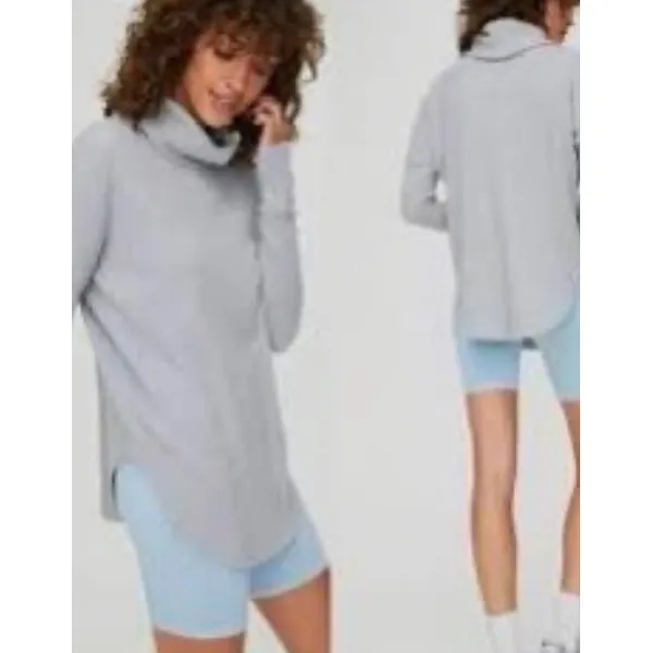 Aritzia Tna Thermal Waffle Knit Cowl Neck Top Grey Curved Hem Long Sleeve XS - Image 2