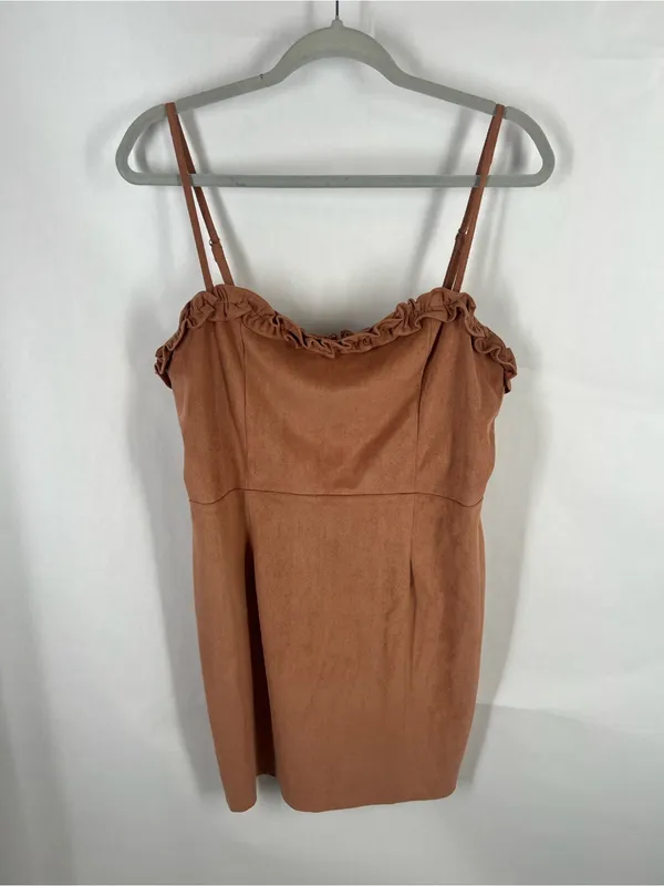 FIKA the BRAND Faux Suede Ruffle Mini Dress Brown Size L - Image 3