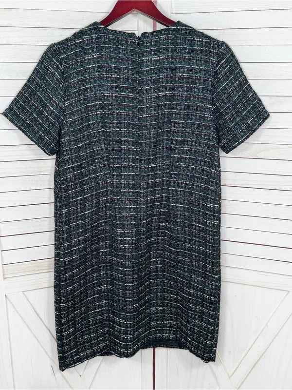 Loft Tweed Front Pocket Shift Dress Black Teal Size 4 Preppy Office Retro Boucle - Image 10