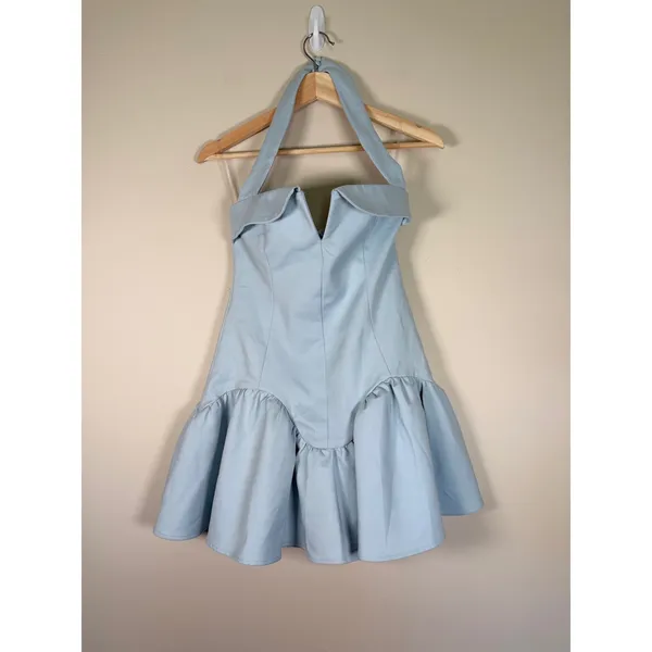 Meshki Light Blue Halter Mini Dress V-Neck Bubble Hem Cotton Blend Size S NEW - Image 2