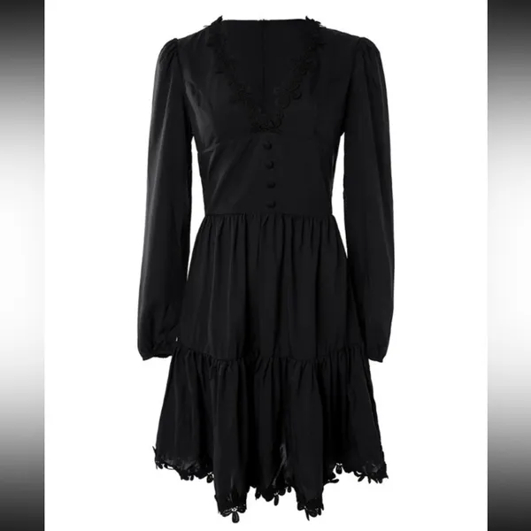 Soana Boutique Lace Patch Button Front Ruched Casual Dress Black - Image 5