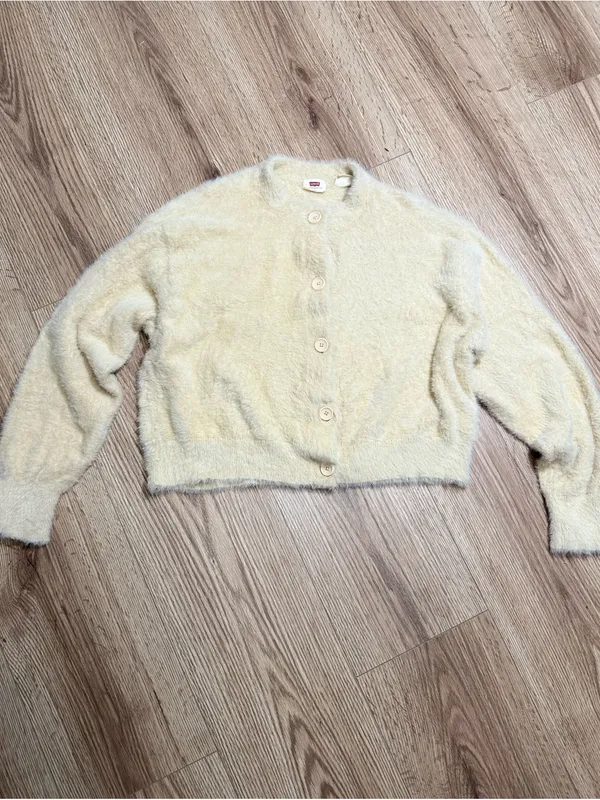 LEVI'S Betty Cardigan Cream Fuzzy Eyelash Knit Cropped Button Up Womens M - Image 2