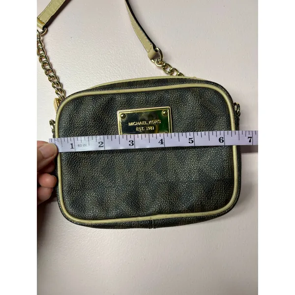 Michael Kors Monogram Small Crossbody Brown Beige Zip Chain Strap Gold Hardware - Image 9