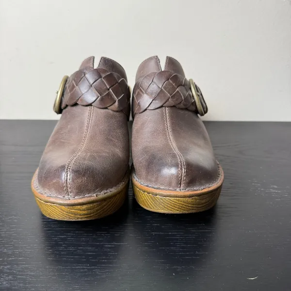 Born Brown Chunky Leather Braided Buckle Platform Clogs Mules Heels Womens 7 - Image 2