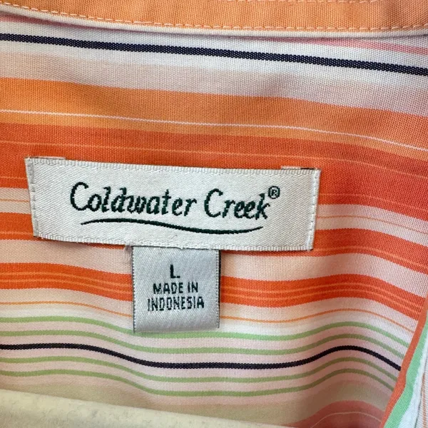 Y2K Coldwater Creek Large Orange Green Striped Cotton‎ Button Down Shirt H33599 - Image 5