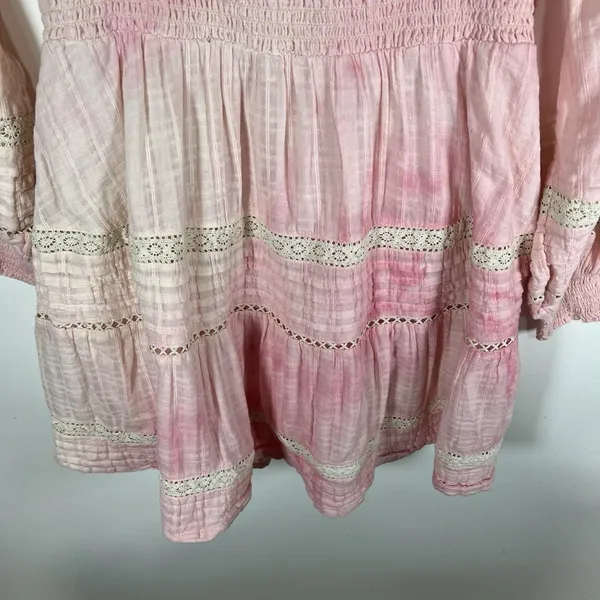 American Eagle Womens Pink‎ Tie Dye Smocked Ruffle Cotton Long Sleeve Dress L - Image 9