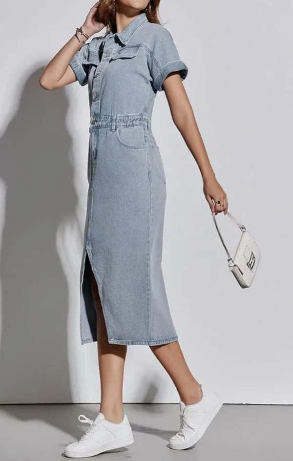 NEW Short Sleeve Denim Midi Dress Stretch Button Jean 2X - Image 5