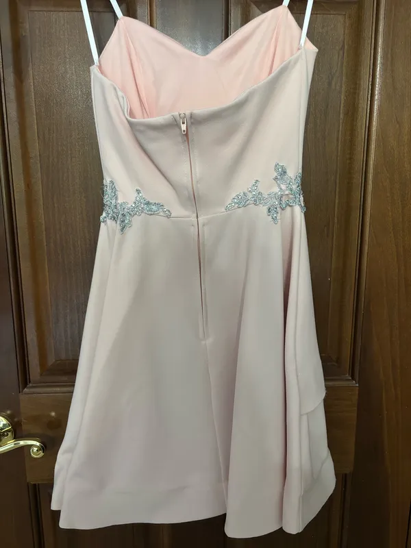 Blush Pink Silver Rhinestone Embellished Fit & Flare Strapless Dress - Image 2