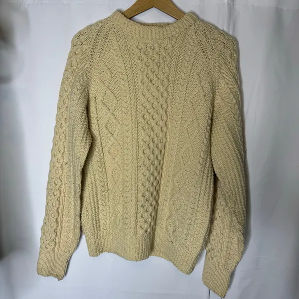 Unbranded Aran Cable Knit Wool Sweater Cream Fisherman Chunky Crewneck - Image 2