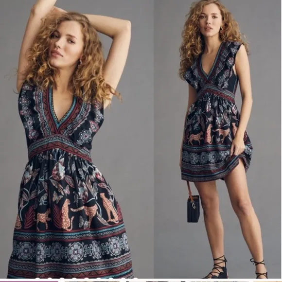 Anthropologie Deep V leopard butterfly mini dress size M - Image 2