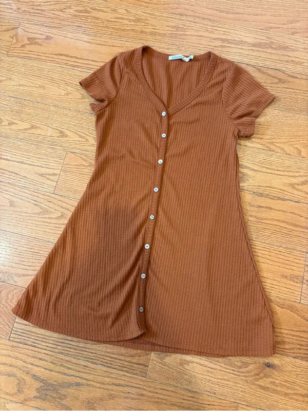 Liberty Love Rust Brown Waffle Knit Button Front Mini Dress Large Boho Casual - Image 2