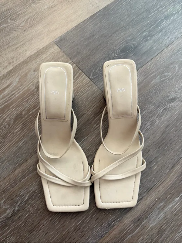 Zara Beige Strappy Round-Block Heel Sandals - Image 2
