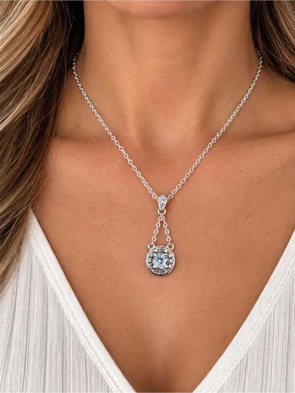 Estate Sterling Silver 925 Halo Pendant Blue Stone w/Sterling Plate Chain - Image 2