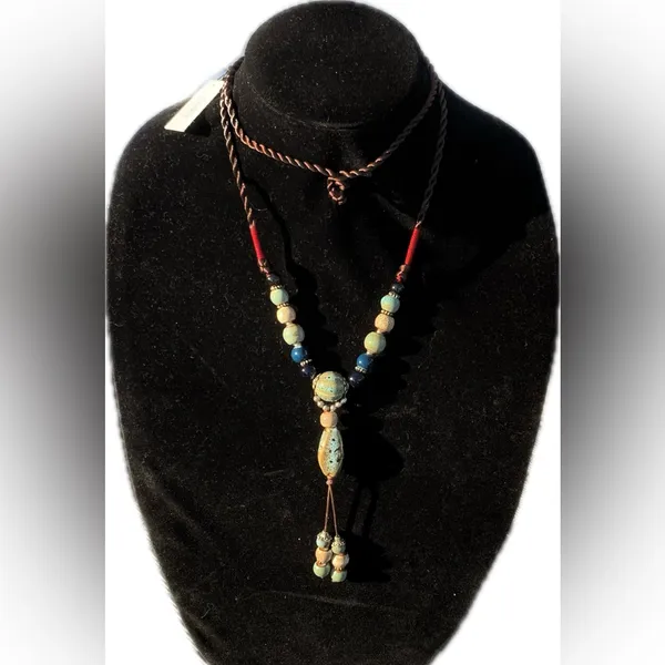 Tahari Elegant Beaded long y-drop Necklace with Blue and Brown Accents 36” - Image 5