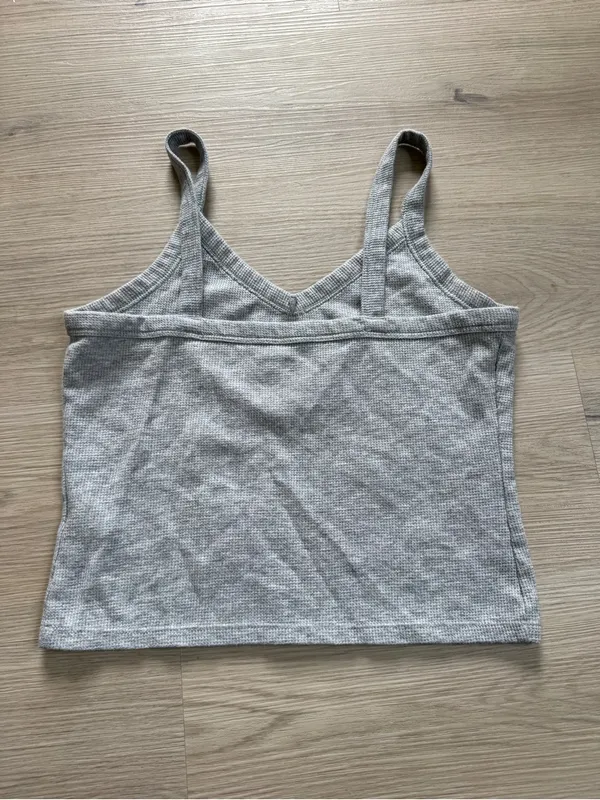Gray Ribbed V-Neck Camisole Tank Top Mushroom Embroidery Boho Indie Y2K style - Image 3
