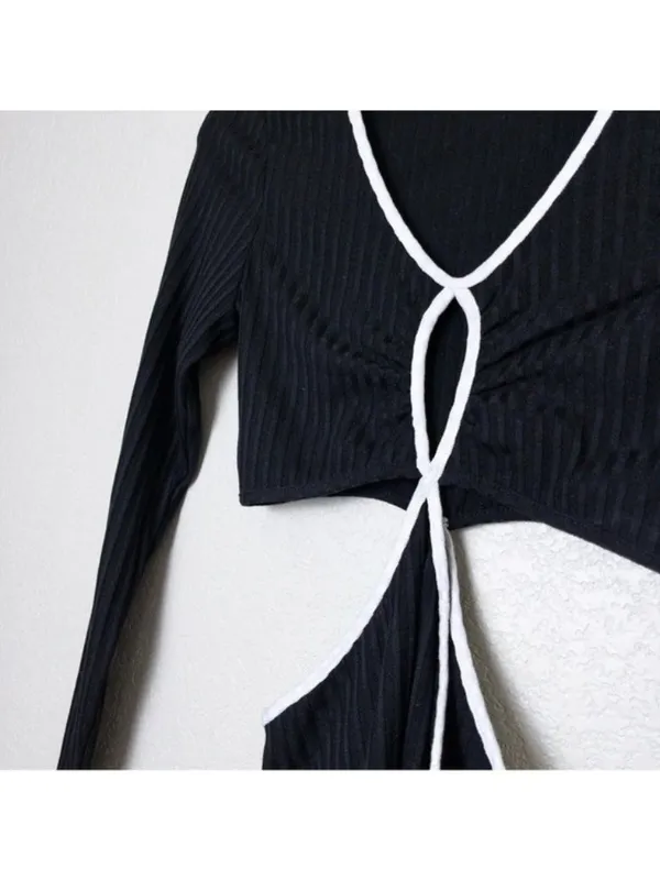 Showpo Ribbed Cutout Long Sleeve Midi Dress 2 Black White Bodycon - Image 5