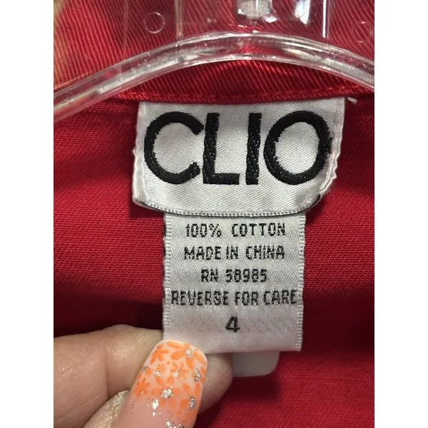Vintage CLIO Red Button Up Utility Jacket Size 4‎ Pockets Cotton Collar - Image 2
