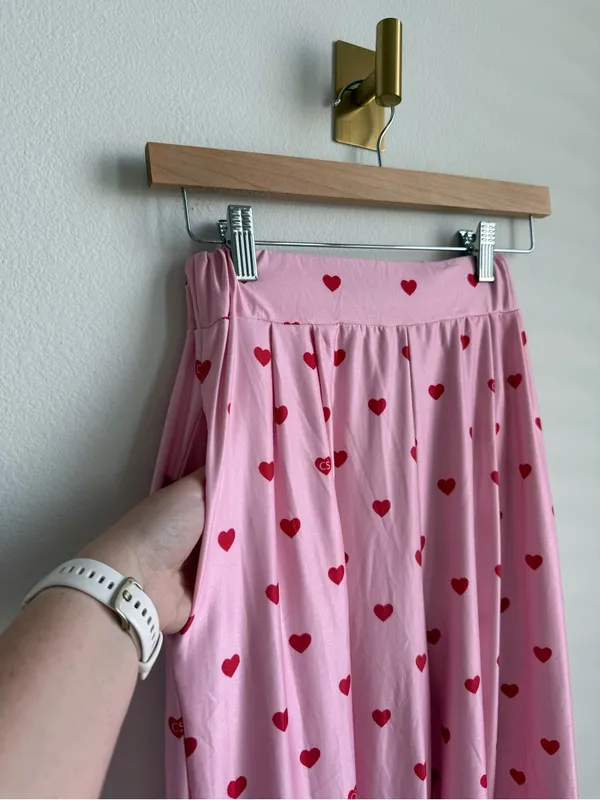 Pink Red Heart Print Matching Pajama Set Button Down Wide Leg Pants Size Medium - Image 11