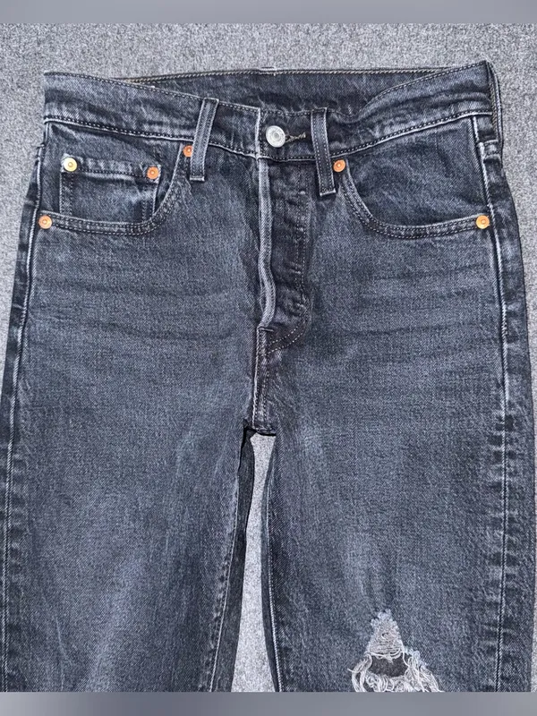 Levis Premium 501 Skinny Jeans Distressed Black Denim Button Fly High Rise 24x28 - Image 3