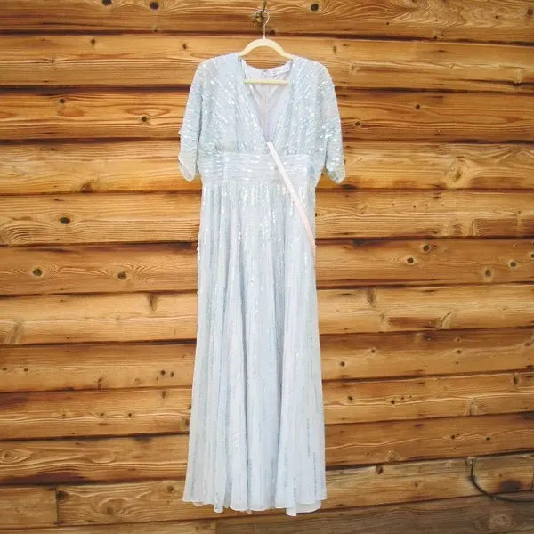 Mac Duggal 10807 Blue Embellished V Neck Evening Gown Size12 - Image 6
