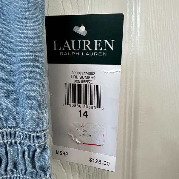 Lauren Ralph Lauren Chambray Off The Shoulder Smocked Tiered Midi Dress‎ Blue 14 - Image 5