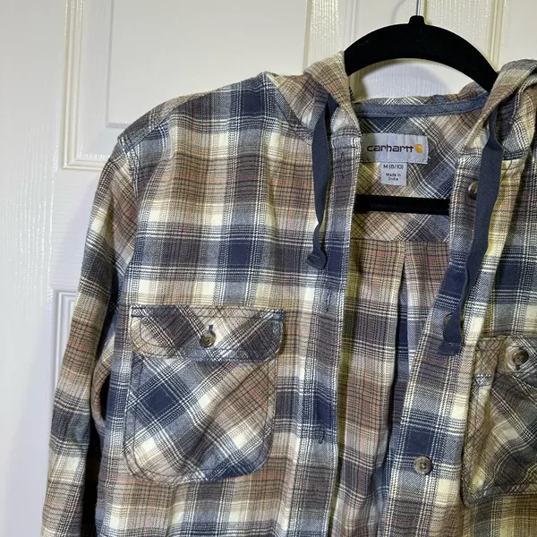 Carhartt Relaxed Fit Flannel Hooded Plaid Shirt Size Medium Blue Tan Button Down - Image 2