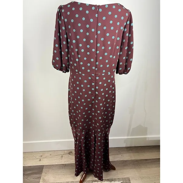 Bobeau Polka Dot Dara Midi Dress Puff Sleeve Ruffle Hem Burgundy Teal Size M - Image 3