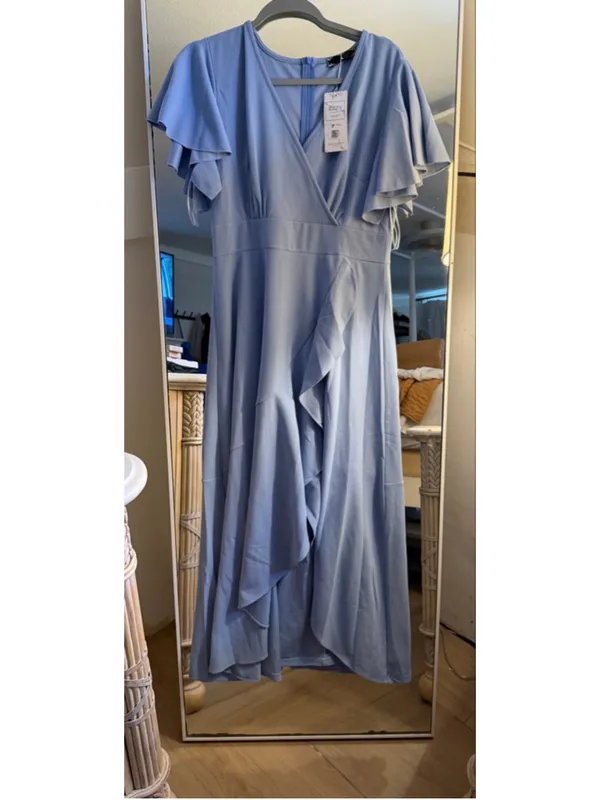 NEW Split Elegant V Neck Wrap Ruffle Wedding Guest Dress L Blue Size L - Image 3