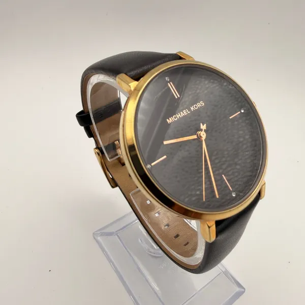 Michael Kors Jayne Minimalist Gold Tone Black Leather Watch Working New Battery - Image 2