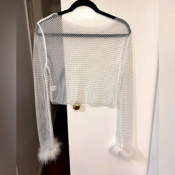 White Mesh T-shirt with Rhinestones Sheer White Mesh Top - Image 3