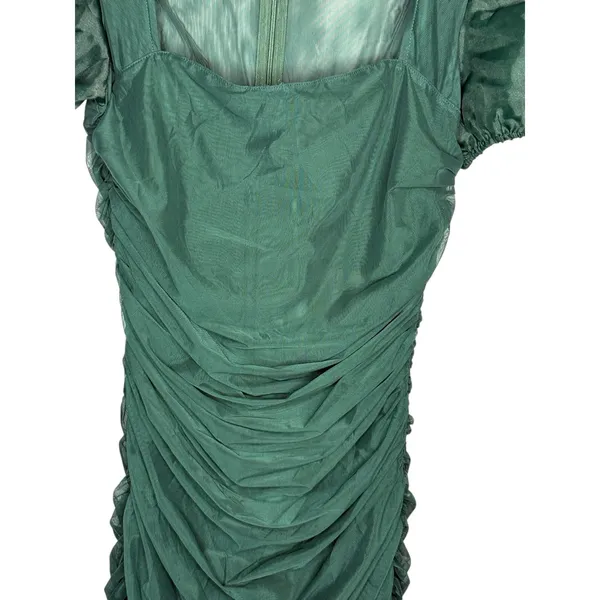 Missguided Ruched Mesh Mini Dress 8 Green‎ Puff Sleeve Bodycon Cocktail NWT - Image 5