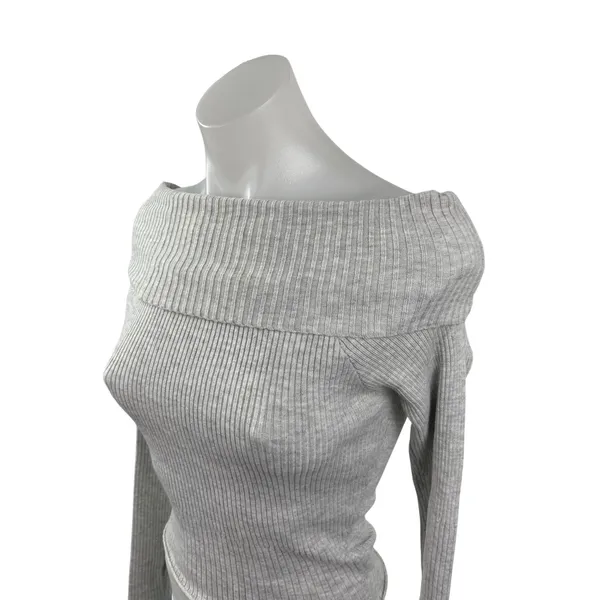 Princess Polly Women's Gray Ribbed Off the Shoulder Long Sleeve Sweater Top S/M - Image 3